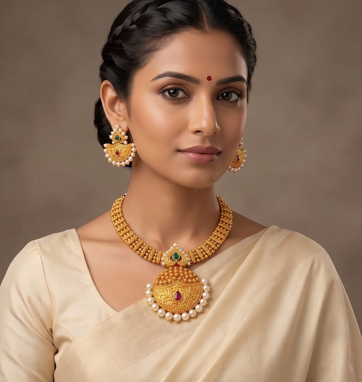 Matte Finish Ruby-emerald Pearl Necklace Set -dj09398
