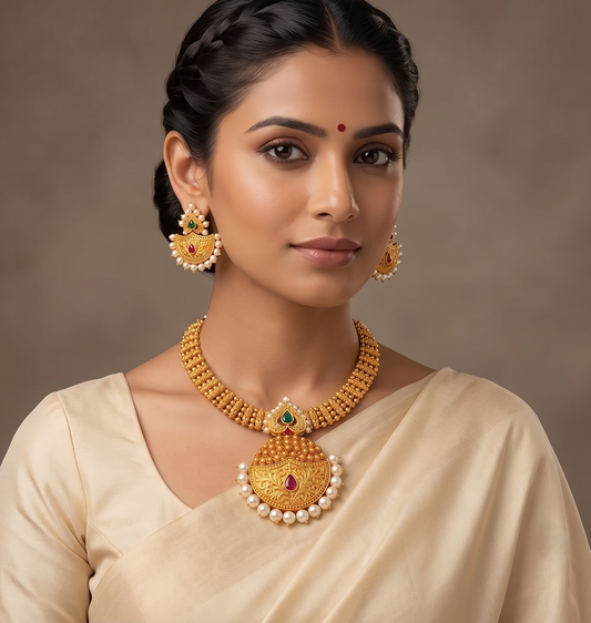 Matte Finish Ruby-emerald Pearl Necklace Set -dj09398