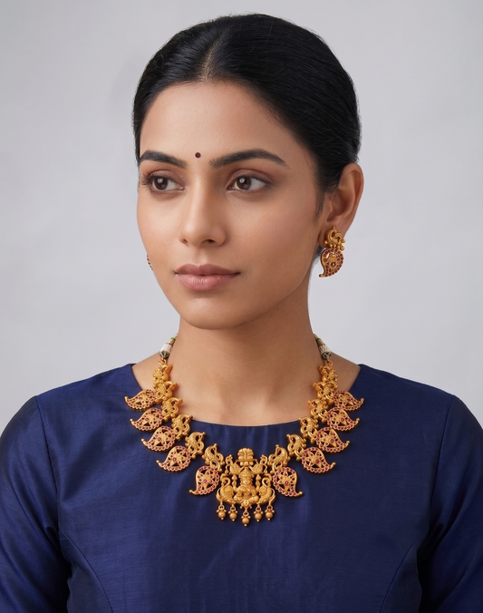 Matte Finish Ruby Peacock-lakshmi Necklace Set -dj09399