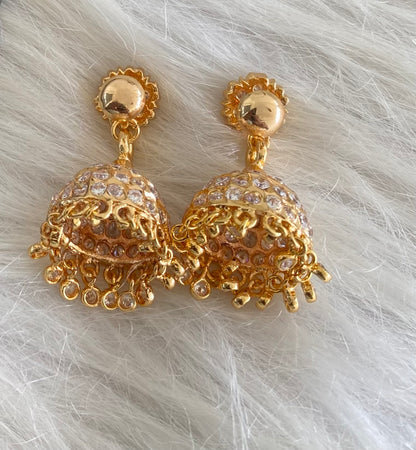 Gold tone south indian style AD white jhumkka dj-53864