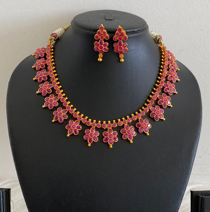 Matte finish semiprecious ruby flower necklace set dj-09401