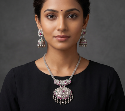 Silver finish ruby-emerald peacock necklace set dj-09408