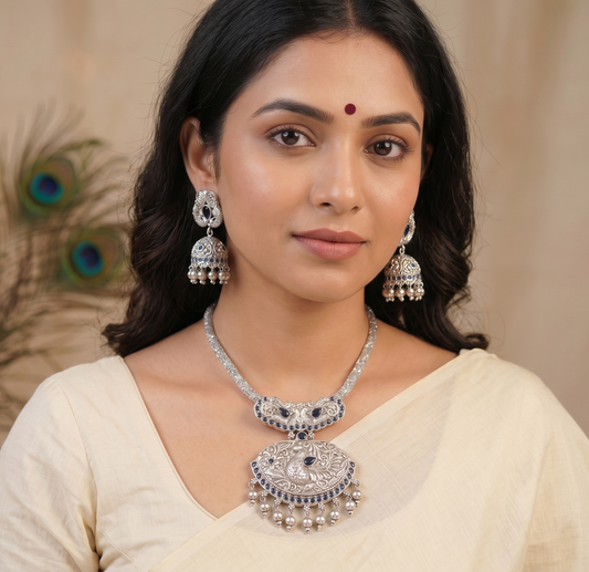 Silver finish blue peacock necklace set dj-09409