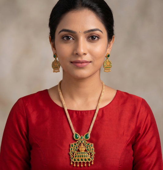 Matte finish Emerald lakshmi necklace set-dj09411