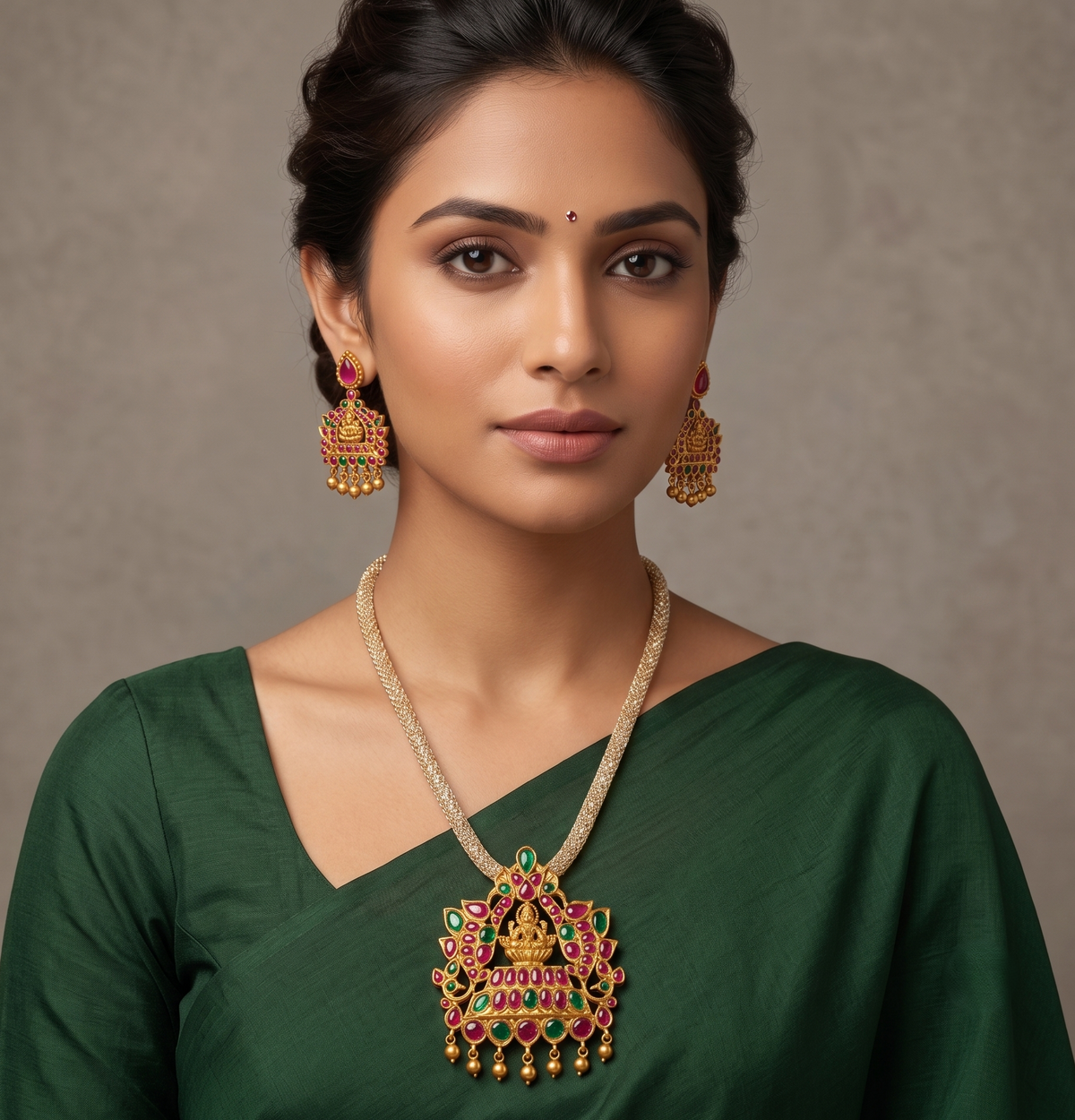 Matte Finish ruby-emerald Lakshmi necklace set-dj09412