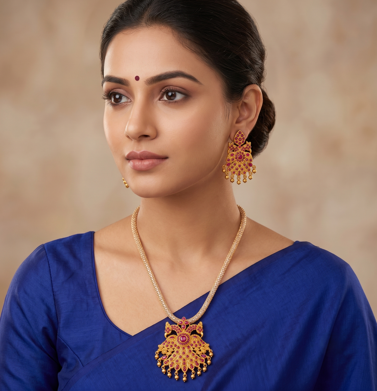 Matte Finish Ruby Peacock Necklace Set-dj09414