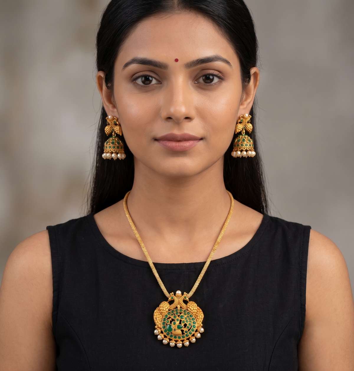 Matte finish Emerald peacock necklace set-dj09416