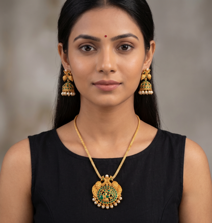 Matte finish Emerald peacock necklace set-dj09416