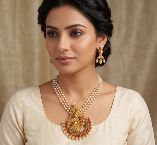 Awesome Matte Finish Ruby-green Peacock Necklace Set-dj09418