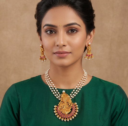 Awesome Matte Finish Ruby Peacock Necklace Set-dj09419