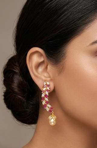 Gold Tone Cz-ruby pearl Earrings -dj09426