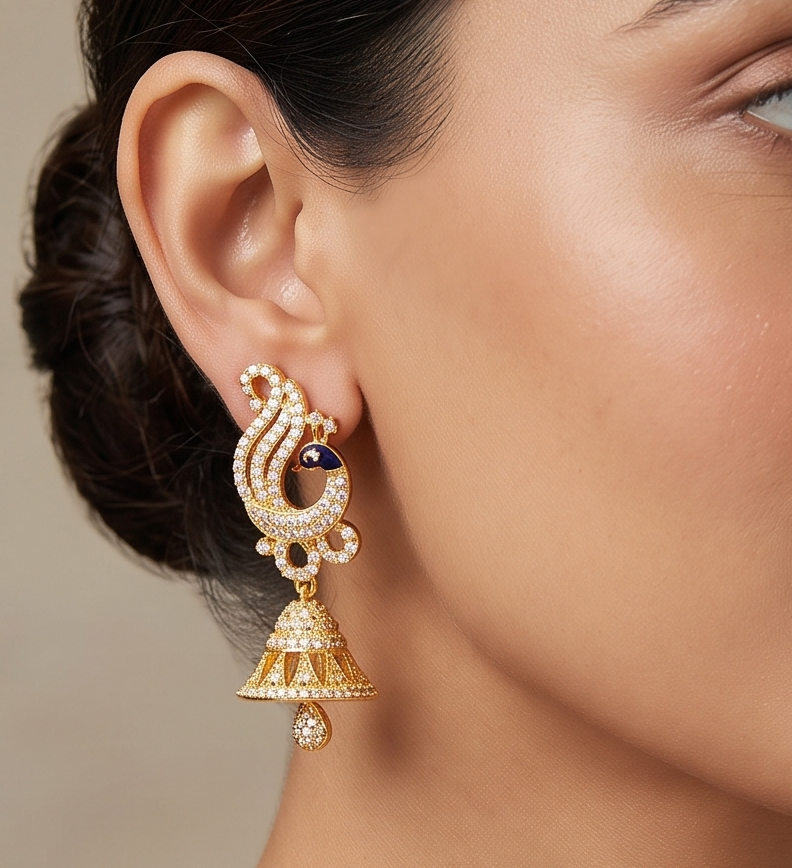 Gold tone Cz Meenakari Peacock Jhumkka -dj09434