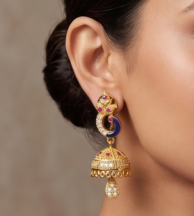 Gold tone Cz pink Meenakari Peacock Jhumkka -dj09435