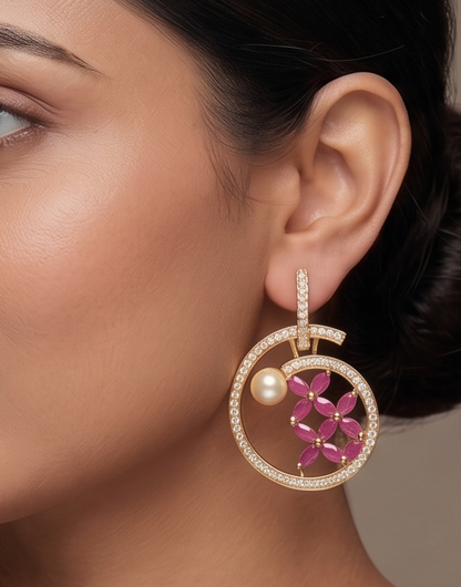 Gold Tone Cz Ruby Pearl Earrings dj09438