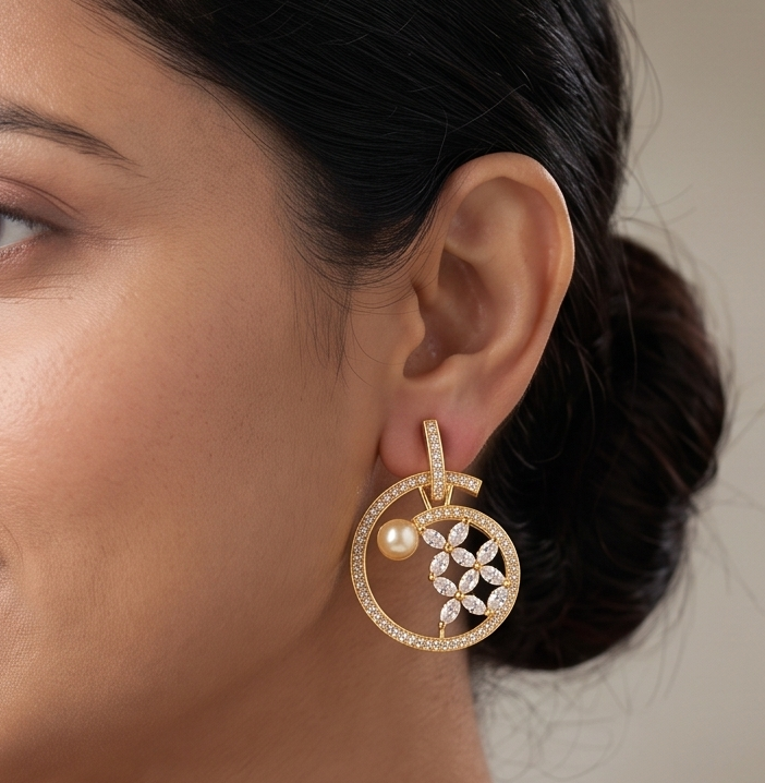 Gold Tone Cz White Pearl Earrings -dj09439