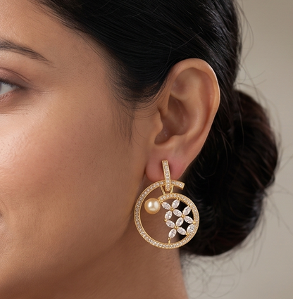 Gold Tone Cz White Pearl Earrings -dj09439