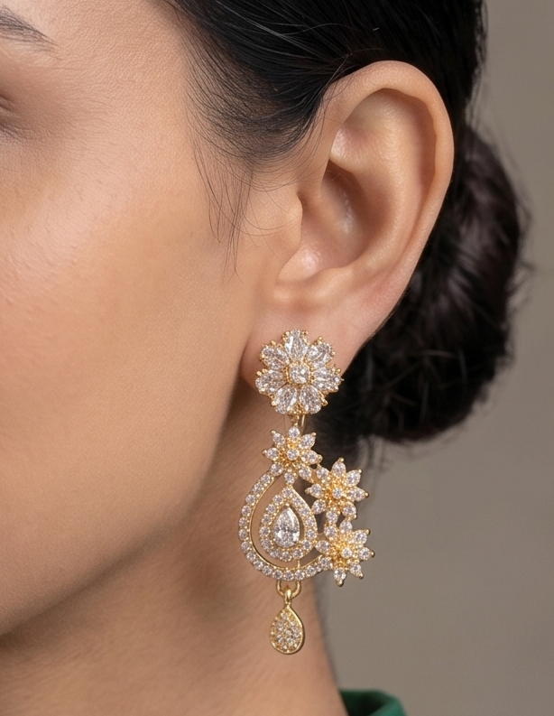 Gold tone Cz White Flower Earrings -dj09443