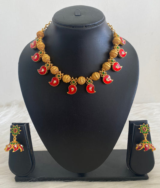 Matte Finish Meenakari Red Mango Kerala style Necklace Set-dj09448