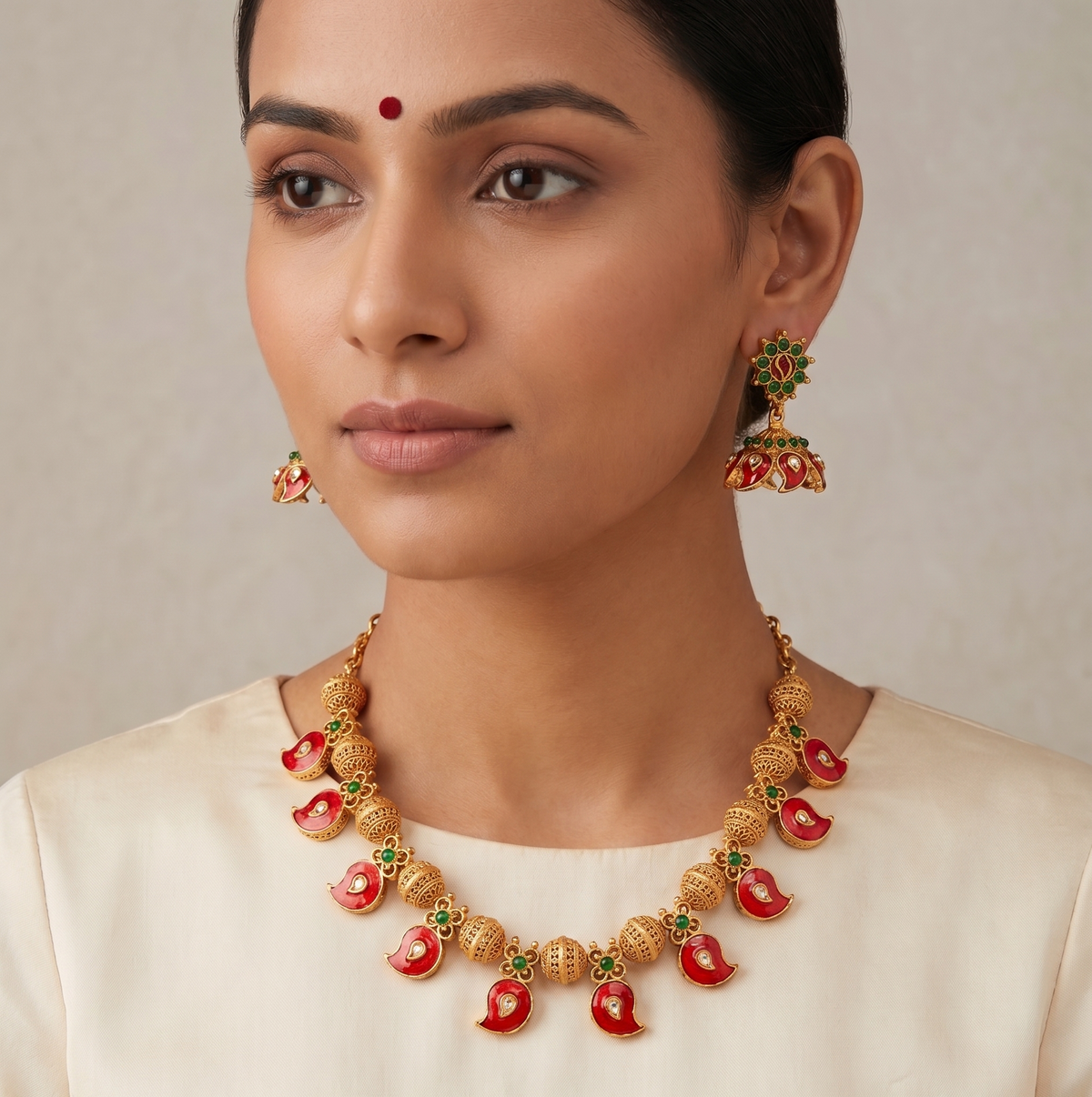Matte Finish Meenakari Red Mango Kerala style Necklace Set-dj09448