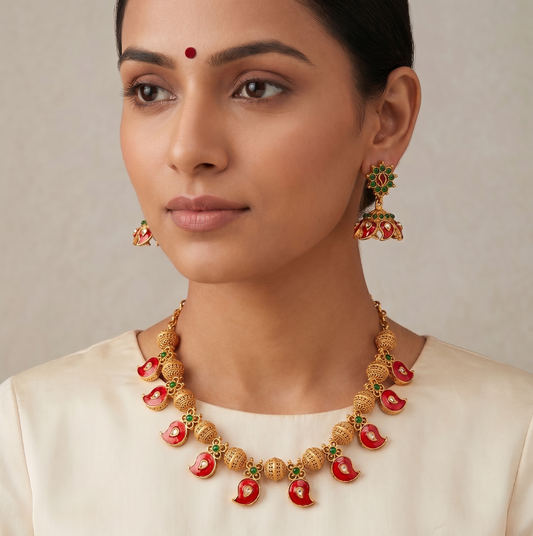 Matte Finish Meenakari Red Mango Kerala style Necklace Set-dj09448