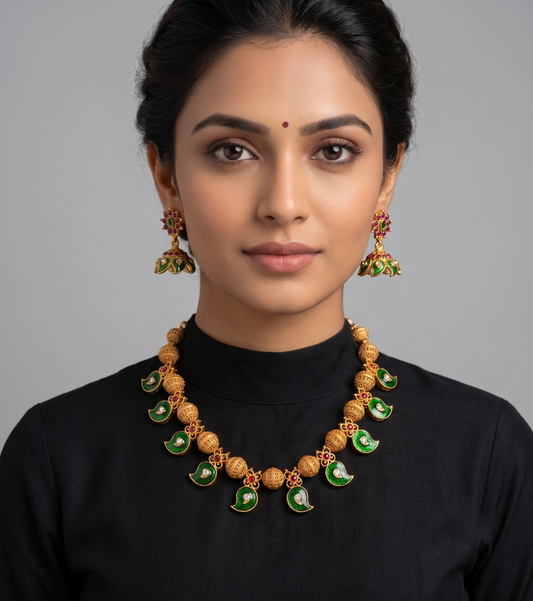 Matte Finish Green Meenakari Mango Kerala style Necklace Set-dj09449