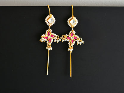 Gold tone pink-white kundan jadau flower bugadi needle earrings dj-52452