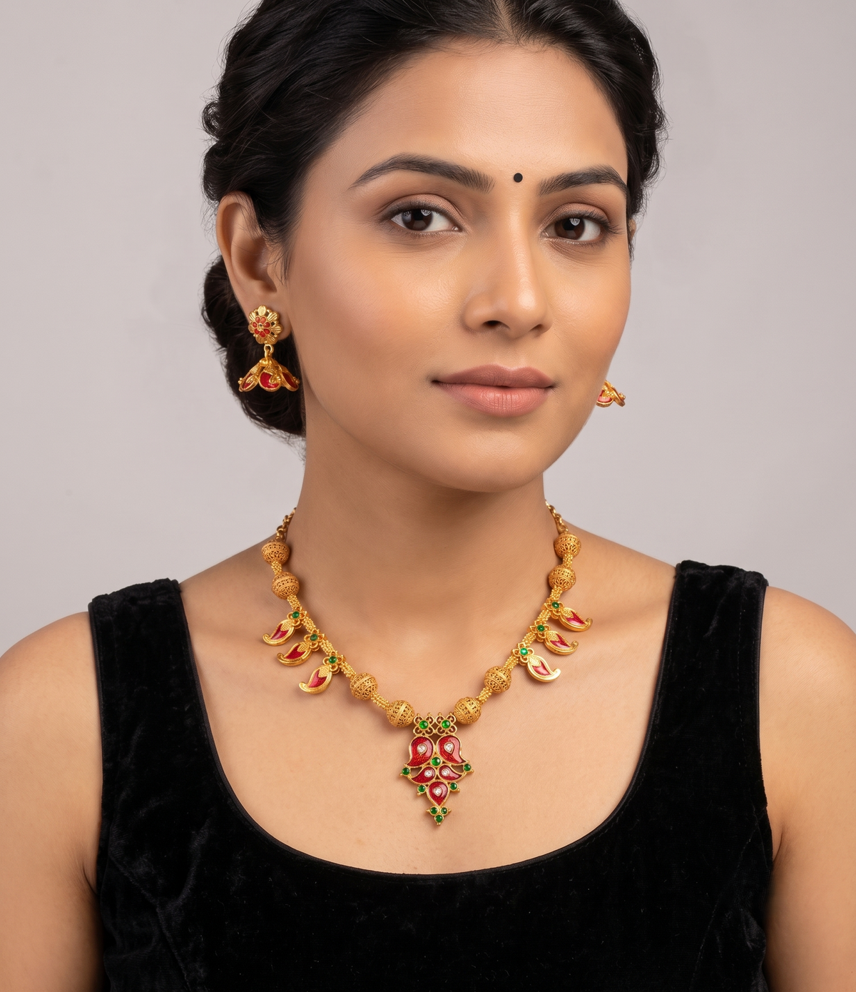 Matte finish handmade red mango palakka designer necklace set dj-09451