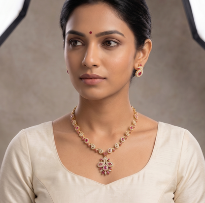Gold tone Cz-ruby Small Peacock Necklace Set-dj09472
