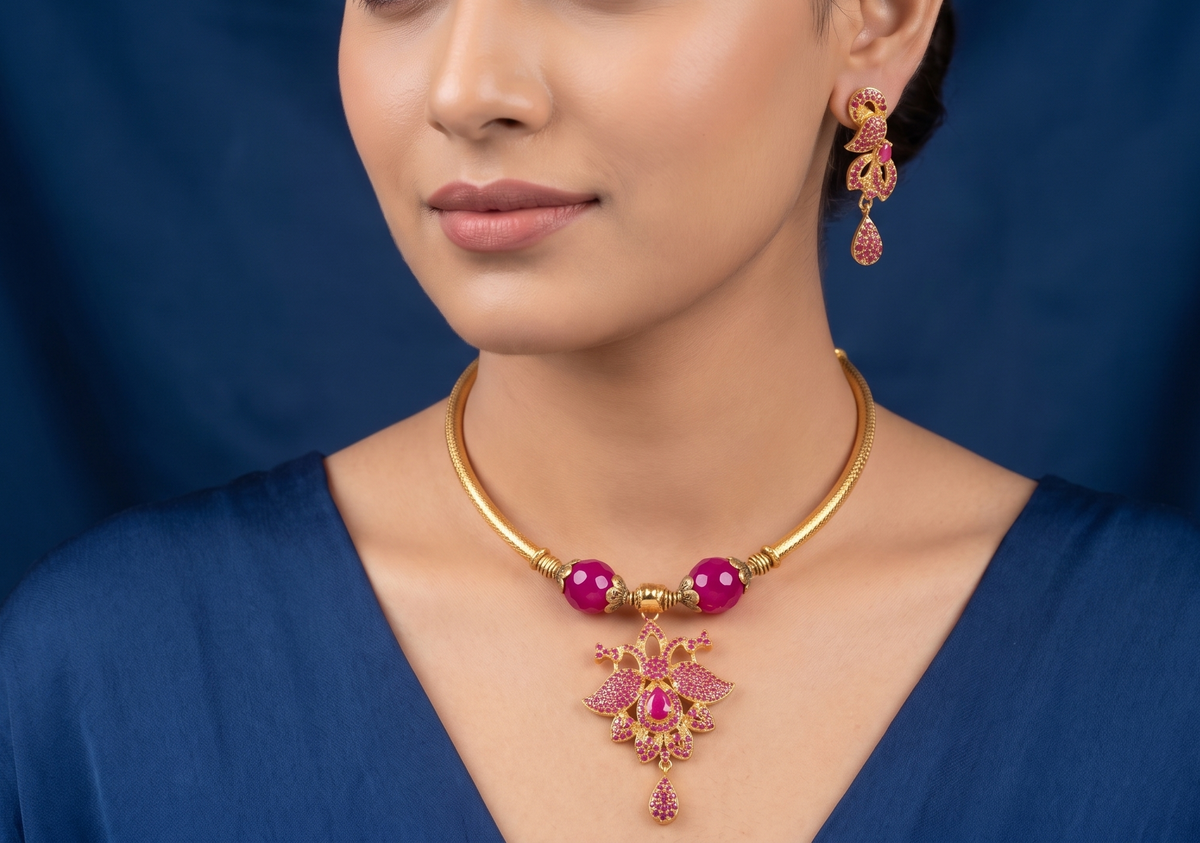 Gold Tone Ruby Peacock Hasli Necklace Set -dj09489
