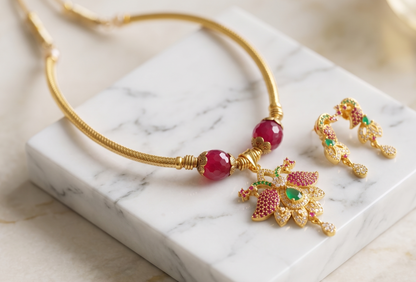 Gold Tone Ruby-green Peacock Hasli Necklace Set -dj09490