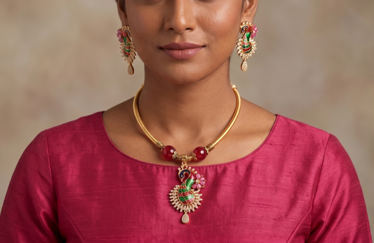 Gold tone Cz-ruby Meenakari Peacock Hasli Necklace Set -dj09491