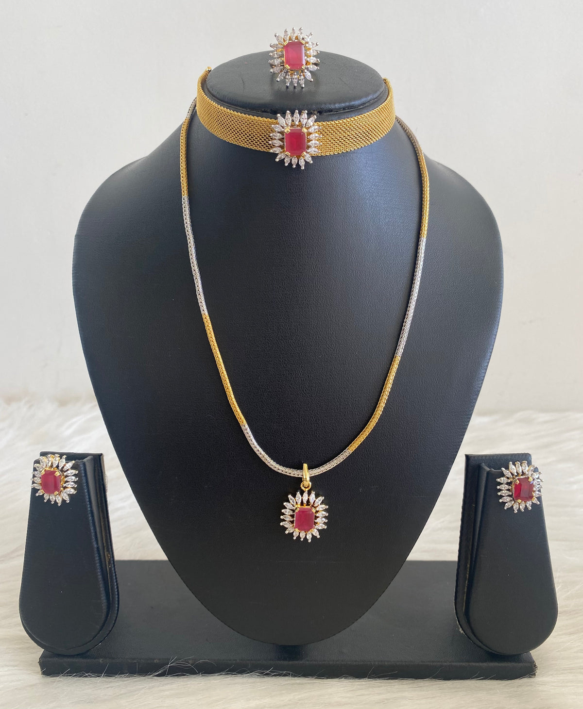 Awesome Gold Tone Cz-ruby 5 Piece Combo Set -dj09543