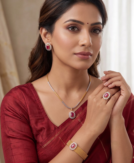 Awesome Gold Tone Cz-ruby 5 Piece Combo Set -dj09543