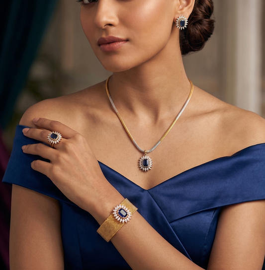 Awesome Gold Plated Cz-blue 5 Piece Combo Set -dj09544