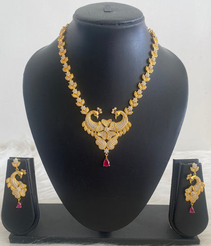 Unique Gold Plated Cz-ruby Bridal Peacock Necklace Set -dj09571