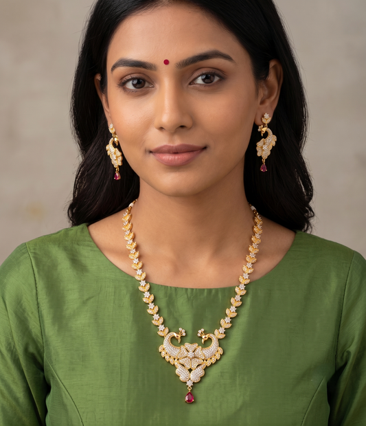 Unique Gold Plated Cz-ruby Bridal Peacock Necklace Set -dj09571