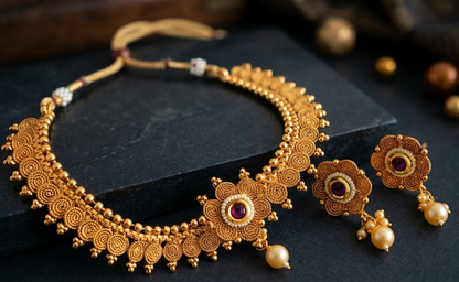 Antique gold tone Purple Flower Necklace Set -dj09588