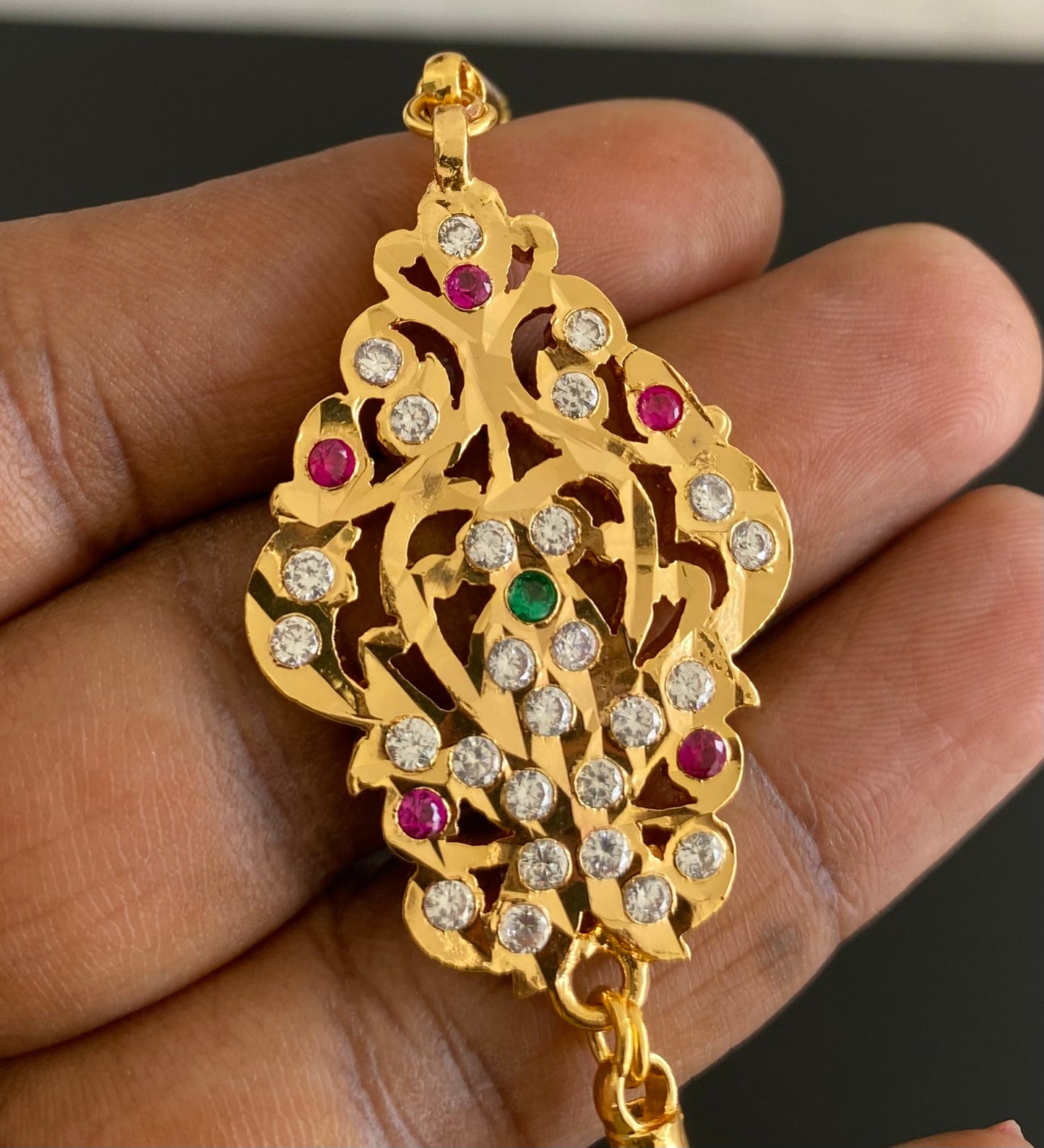 Gold tone ad white-ruby-green stone mugappu chain dj-53608