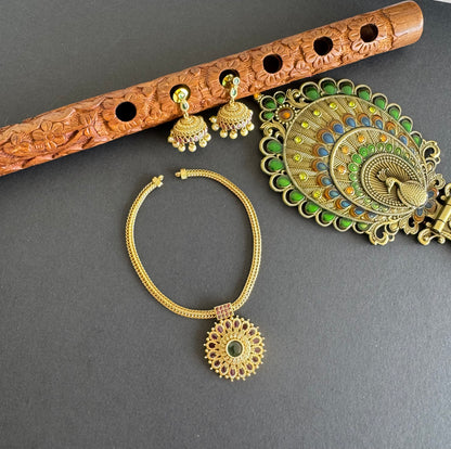 Antique gold tone kemp-green kerala style necklace set dj-52077