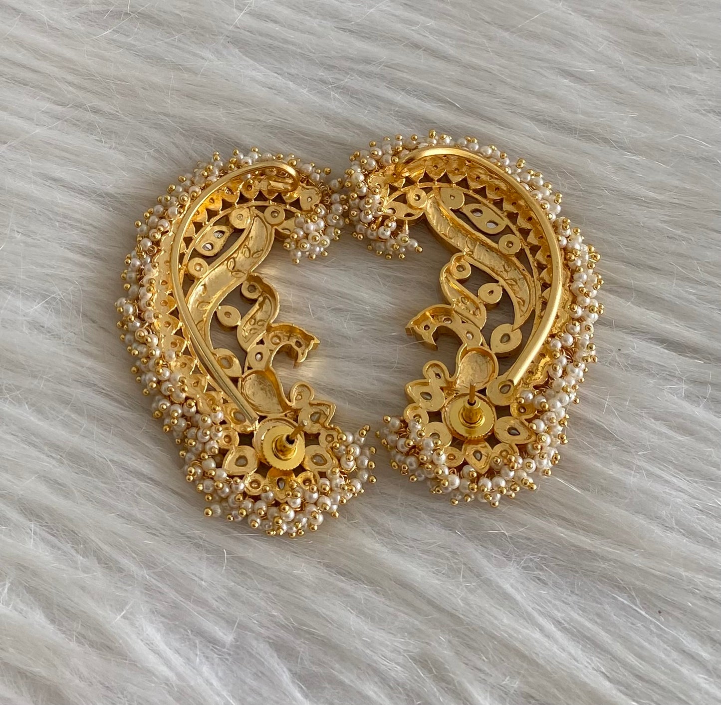 Gold tone white-green kundan jadau big peacock khanpool earrings dj-54571