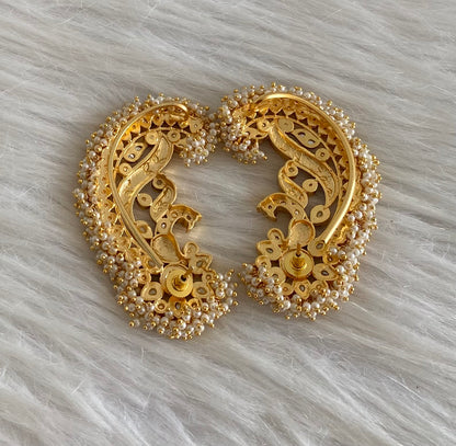 Gold tone white-green kundan jadau big peacock khanpool earrings dj-54571