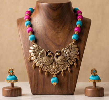 Antique Silk Thread Pink-blue Peacock Necklace Set -dj09648