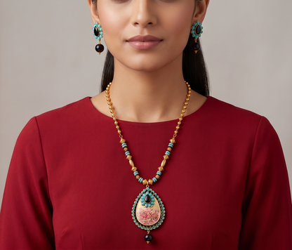 Gold Tone Blue-black Pachi Meenakari Necklace Set-dj09655