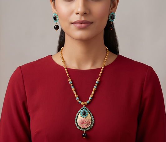 Gold Tone Blue-black Pachi Meenakari Necklace Set-dj09655