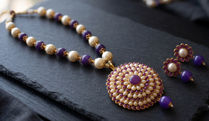 Gold Tone Purple-pearl Pachi beaded Necklace Set-dj09658