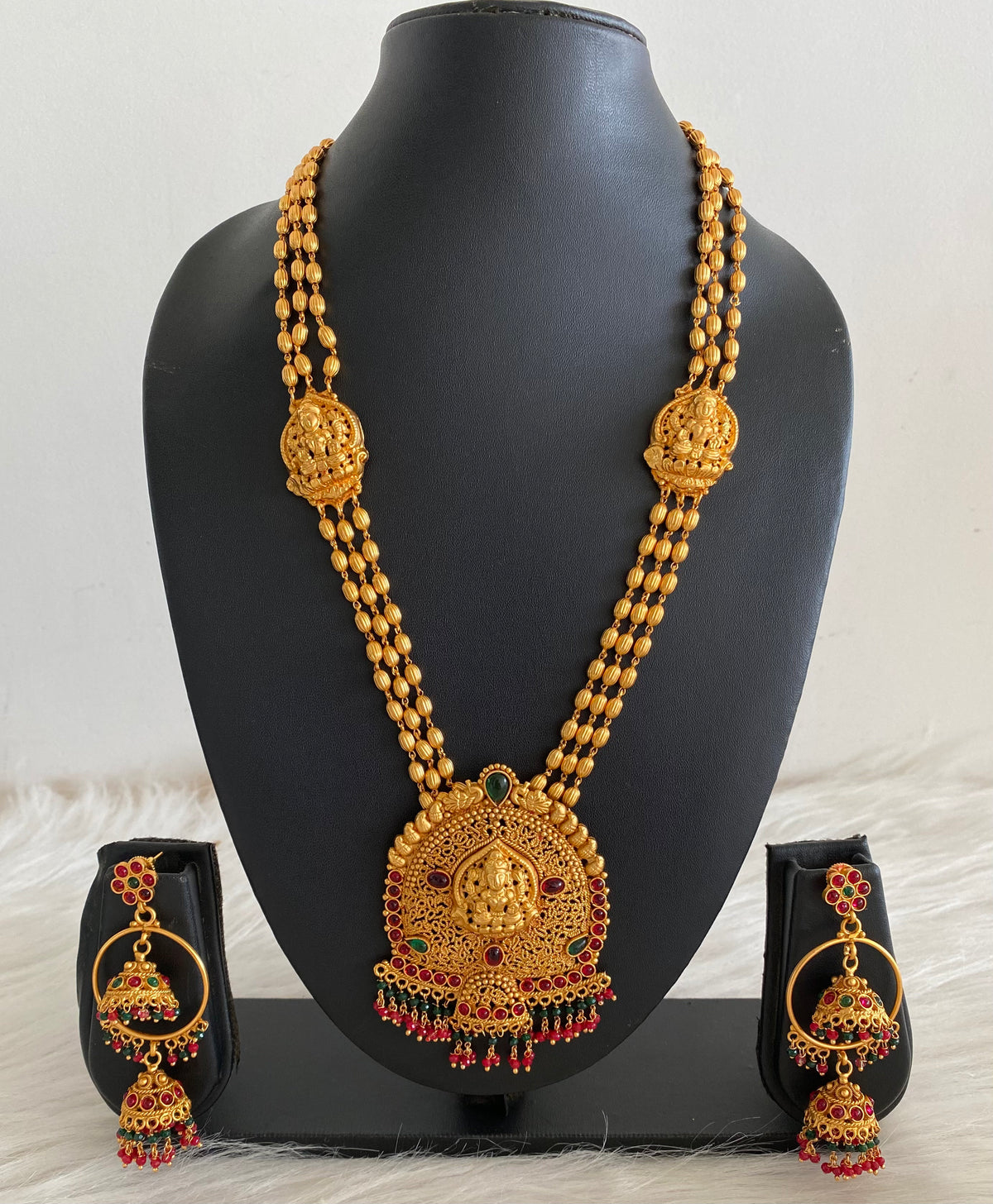 Matte finish ruby-emerald multilayer lakshmi haar set dj-09662