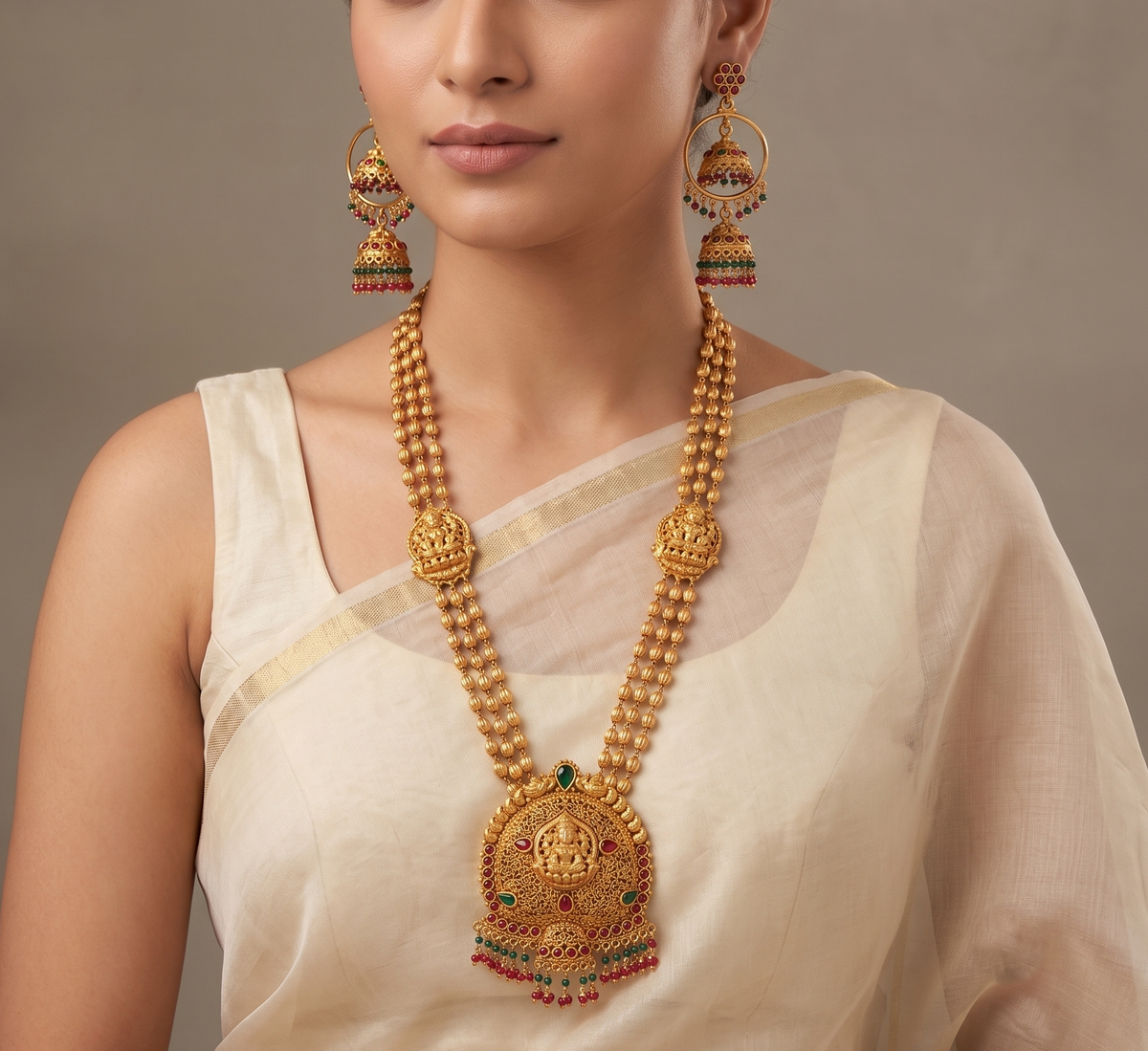 Matte finish ruby-emerald multilayer lakshmi haar set dj-09662