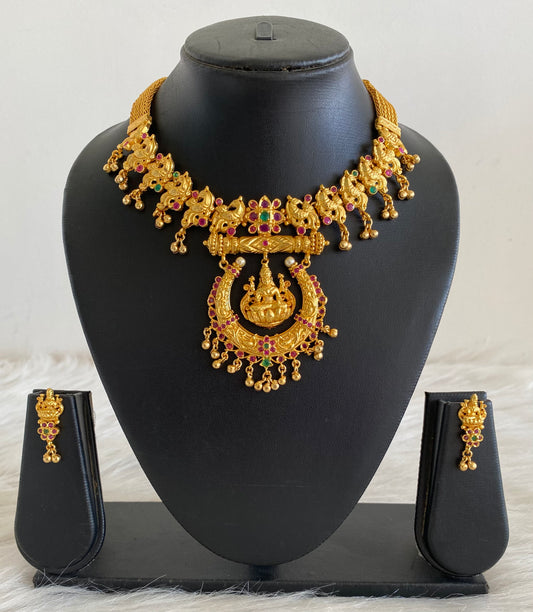 Gold tone Ruby-emerald Lakshmi Necklace With Screw Back Earrings -dj09669