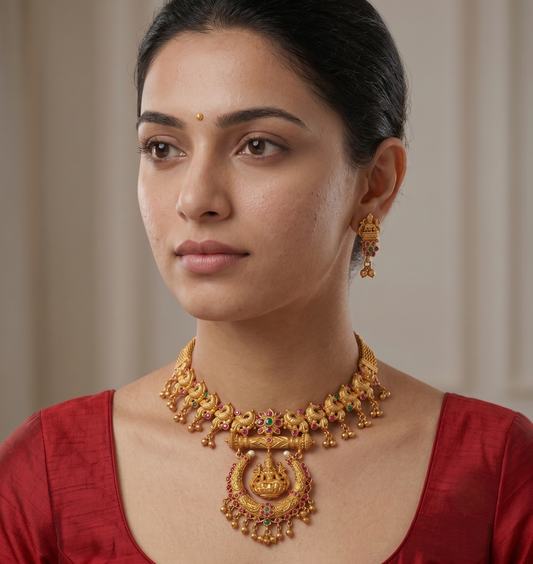 Gold tone Ruby-emerald Lakshmi Necklace With Screw Back Earrings -dj09669