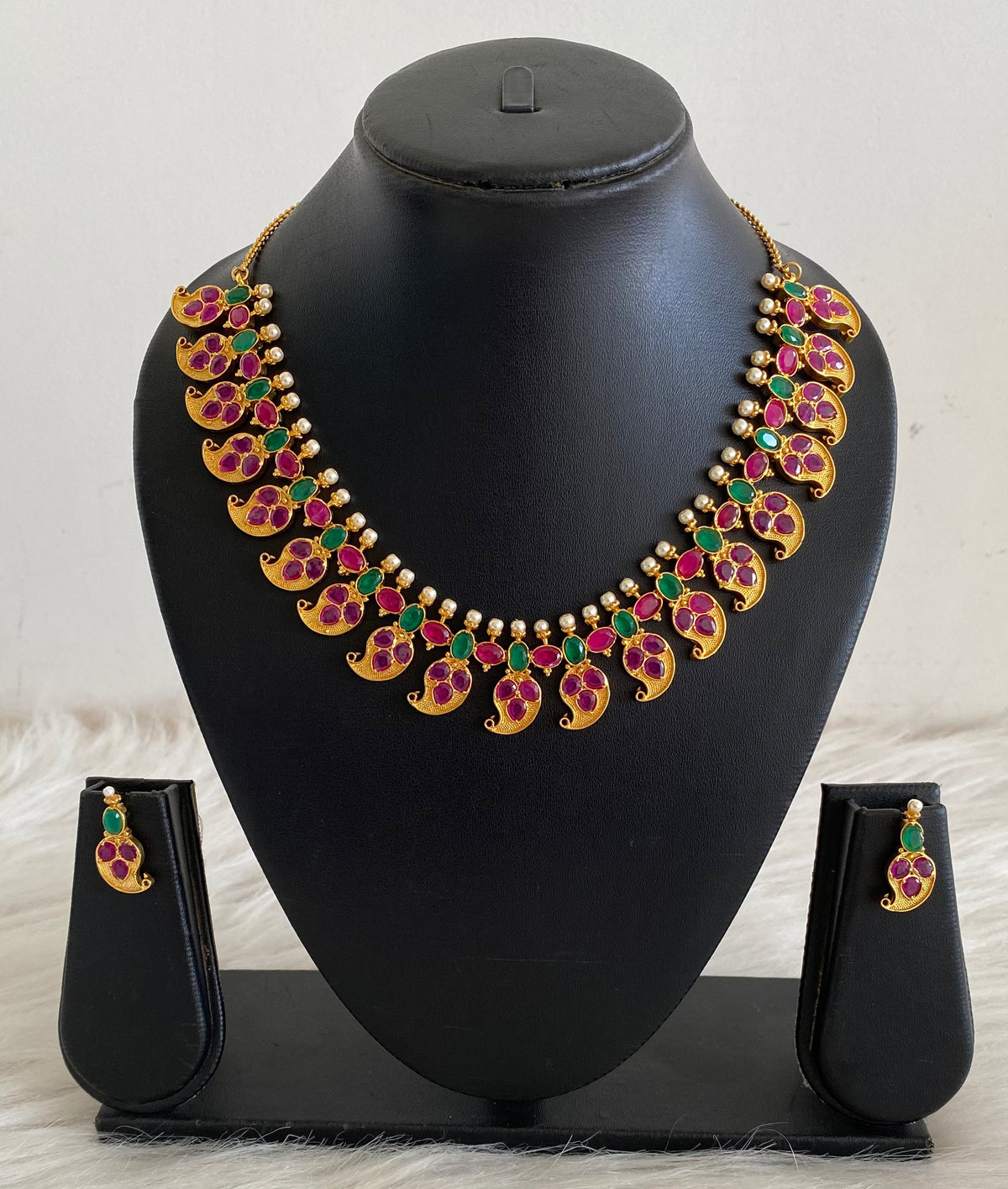 Gold tone Ruby-emerald Pearl Mango Necklace Set -dj09671